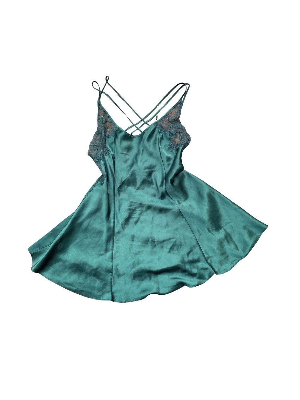 Vintage Victoria's Secret Emerald Green Mini Lace Satin Slip Dress Small Boho